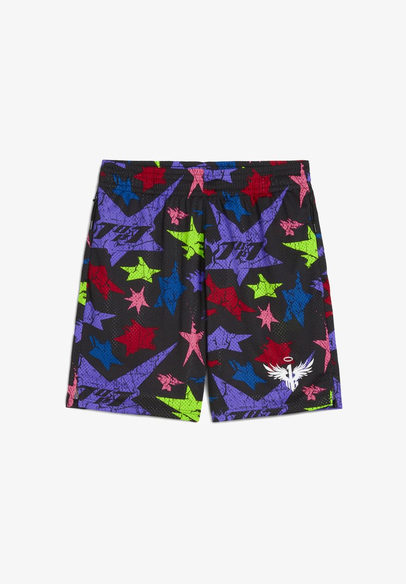 Melni acs šorti ar krāsainu zvaigžņu rakstu purpursarkanā, sarkanā, zaļā un zilā krāsā, ar baltu grafisku logo apakšmalā.