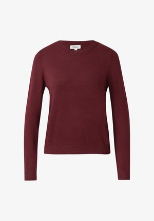 Ciemnoczerwony, długi sweter z dzianiny z okrągłym dekoltem, z prążkowanymi mankietami i pasem, prezentowany na białym tle.