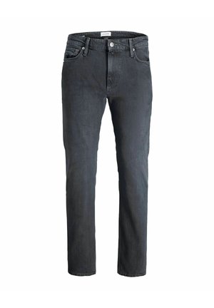 Jeans noirs à jambe droite avec un design à cinq poches, fermeture par bouton et passants de ceinture, présentés sur fond blanc.