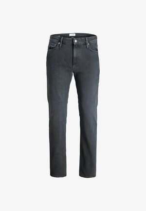 Jeans noirs à jambe droite avec un design à cinq poches, fermeture par bouton et passants de ceinture, présentés sur fond blanc.