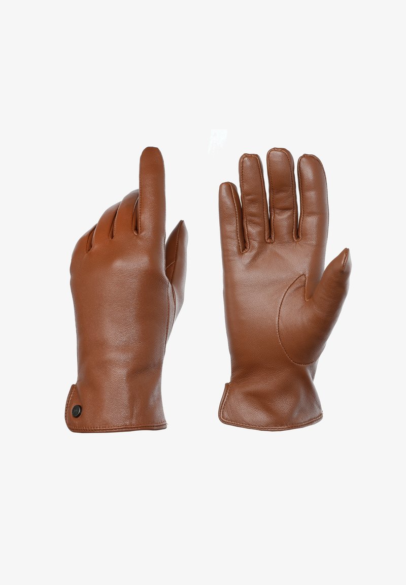 Braune Lederhandschuhe mit glatter Textur, anatomischem Design, gebogenen Fingern und einem kleinen Knopfdetail am Handgelenk.