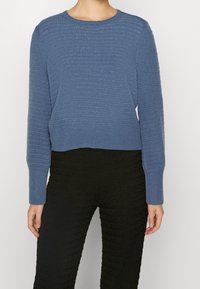 Blå texturerad tröja med rund hals och långa ärmar, med ribbat mönster och kort längd, bärs med svarta mönstrade byxor.