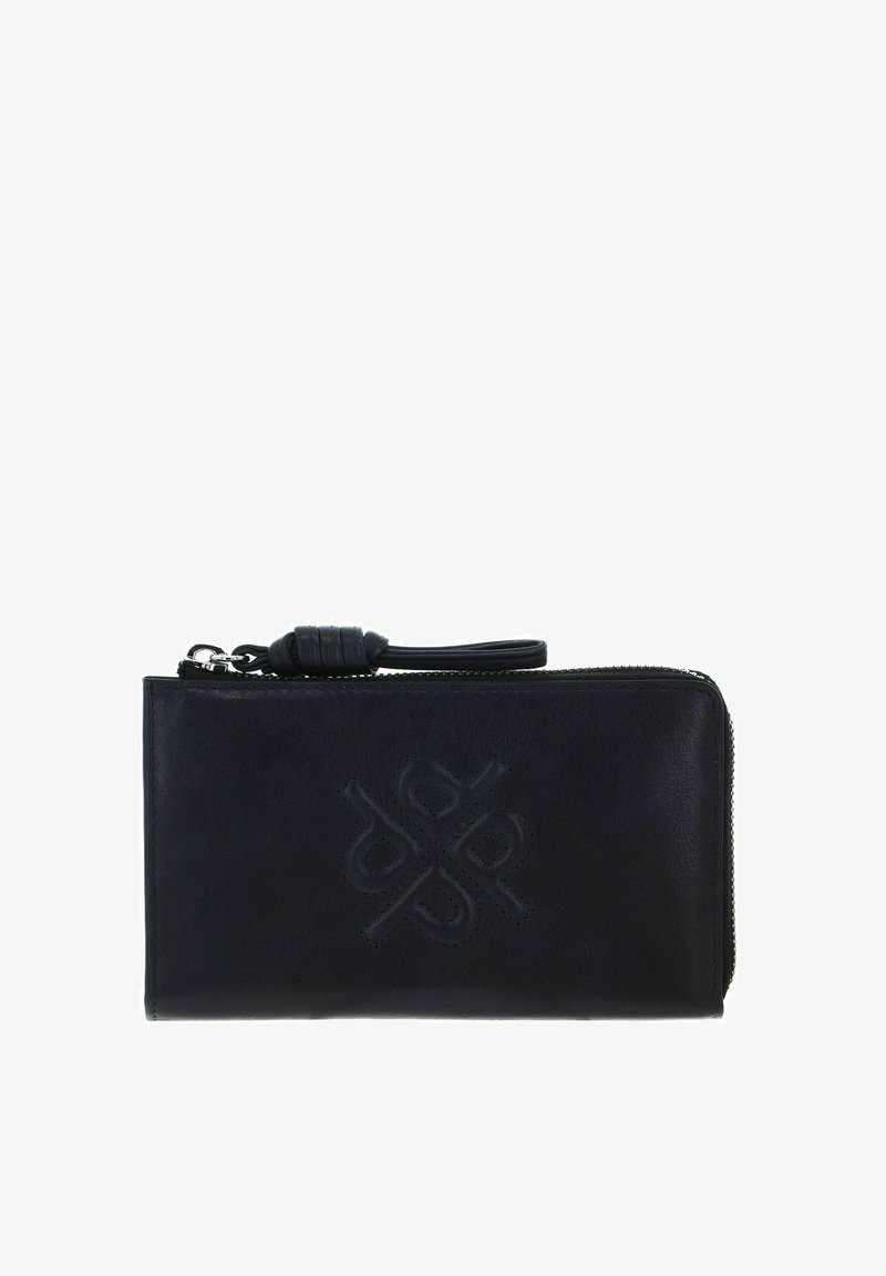 Portefeuille en cuir noir avec design en relief, fermeture à glissière et une boucle pour un transport facile. Texture lisse et forme rectangulaire.