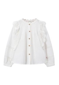 White button-up blouse with long sleeves, featuring ruffled lace detailing, pleats, and decorative buttons. Made with textured cotton fabric.