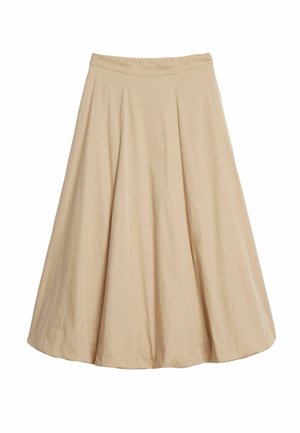 Beige A-lijn midi rok met een hoge taille en zachte plooien, gemaakt van lichtgewicht stof, plat weergegeven op een witte achtergrond.