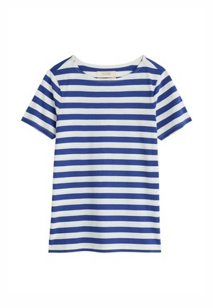 T-shirt à manches courtes bleu et blanc à rayures, avec un col rond, fabriqué en tissu en coton doux. Rayures horizontales régulièrement espacées.