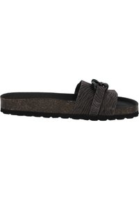 Zwarte kurkzool slide sandaal met een platte ontwerp, met een getextureerde, donkere dierenprint bovenkant en een centrale decoratieve band.