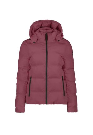 Pink padded jacket with a hood, featuring a zip closure and two side pockets, accented with black zippers and hardware. Smooth texture.