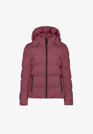 Roze gewatteerde jas met capuchon, voorzien van een ritsluiting en twee zijzakken, geaccentueerd met zwarte ritsen en hardware. Soepele textuur.