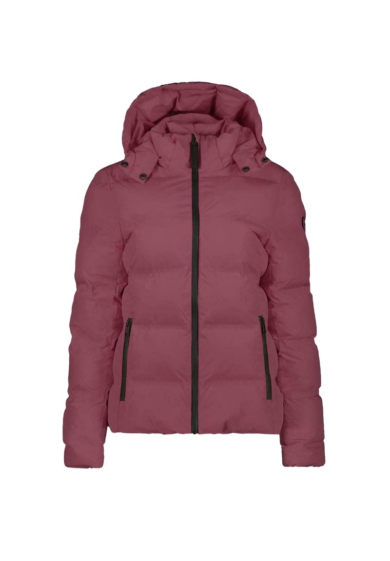 Roze gewatteerde jas met capuchon, voorzien van een ritsluiting en twee zijzakken, geaccentueerd met zwarte ritsen en hardware. Soepele textuur.