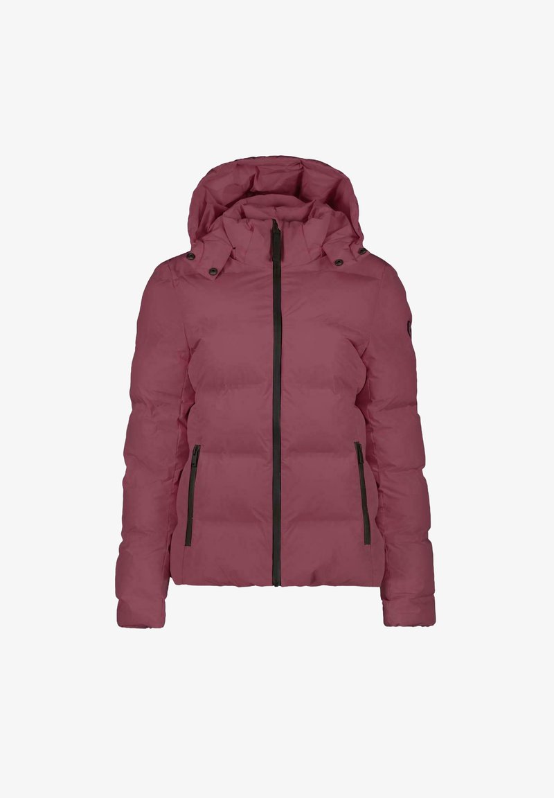 Roze gewatteerde jas met capuchon, voorzien van een ritsluiting en twee zijzakken, geaccentueerd met zwarte ritsen en hardware. Soepele textuur.