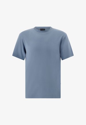 Hellblaues T-Shirt aus glattem Baumwollstoff. Mit rundem Halsausschnitt und kurzen Ärmeln, in sauberer Verarbeitung ohne Muster oder Akzente.