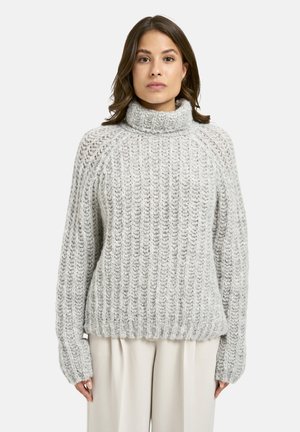Light gray knitted sweater with a chunky texture, high roll neck, and ribbed hem. Features long sleeves and a relaxed fit.