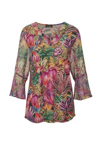 Durchsichtige Bluse mit floralem Druck in lila, pink und grünen tropischen Mustern; V-Ausschnitt und dreiviertellange Glockenärmel. Leichter Stoff.
