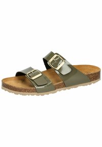Green patent leather sandals with two wide straps, adjustable buckles, cork footbed, and textured rubber sole.