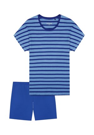 Blau- und hellblau gestreiftes T-Shirt mit kurzen Ärmeln und rundem Ausschnitt, kombiniert mit unifarbenen blauen Shorts, beide aus weichem Baumwollstoff gefertigt.