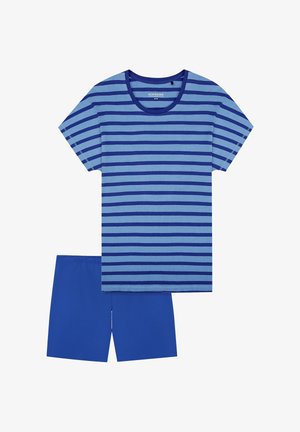 Blau- und hellblau gestreiftes T-Shirt mit kurzen Ärmeln und rundem Ausschnitt, kombiniert mit unifarbenen blauen Shorts, beide aus weichem Baumwollstoff gefertigt.