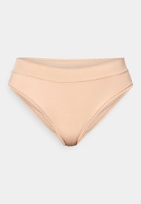 Beige high-waisted bikini bottom made from smooth material, featuring a seamless waist and side panel detailing, designed for comfort.