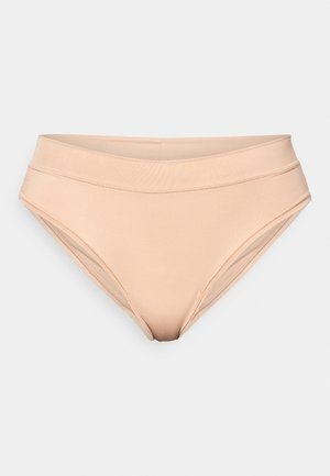 Beige high-waisted bikini bottom made from smooth material, featuring a seamless waist and side panel detailing, designed for comfort.