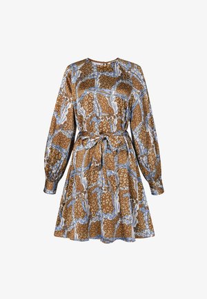 Braun gemustertes Kleid mit langen Ärmeln; verfügt über blaue Blumenakzente, einen taillierten Gürtel und einen ausgestellten Rock. Das Material hat eine seidige Oberfläche.