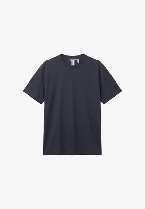 Effen donker marineblauw T-shirt met korte mouwen en een ronde hals, voorzien van een klein logo op de borst en een merklabel in de nek.
