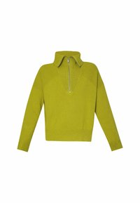 Maglione verde lavorato a maglia con colletto alto e zip sul davanti. Presenta un motivo texture e bordo e polsini a costine.