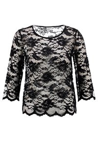 Haut en dentelle noire avec manches trois-quarts, motifs floraux, encolure ronde et ourlet festonné. La texture transparente met en valeur les détails du design.