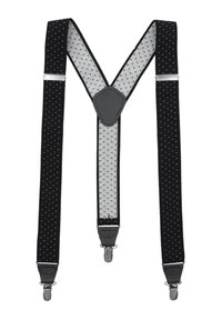 Czarne elastyczne szelki z teksturowanym wzorem i srebrnymi akcentami, wyposażone w klipsy oraz centralne, Y-kształtne zapięcie z imitacji skóry.