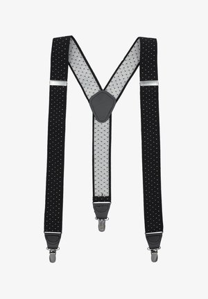 Czarne elastyczne szelki z teksturowanym wzorem i srebrnymi akcentami, wyposażone w klipsy oraz centralne, Y-kształtne zapięcie z imitacji skóry.