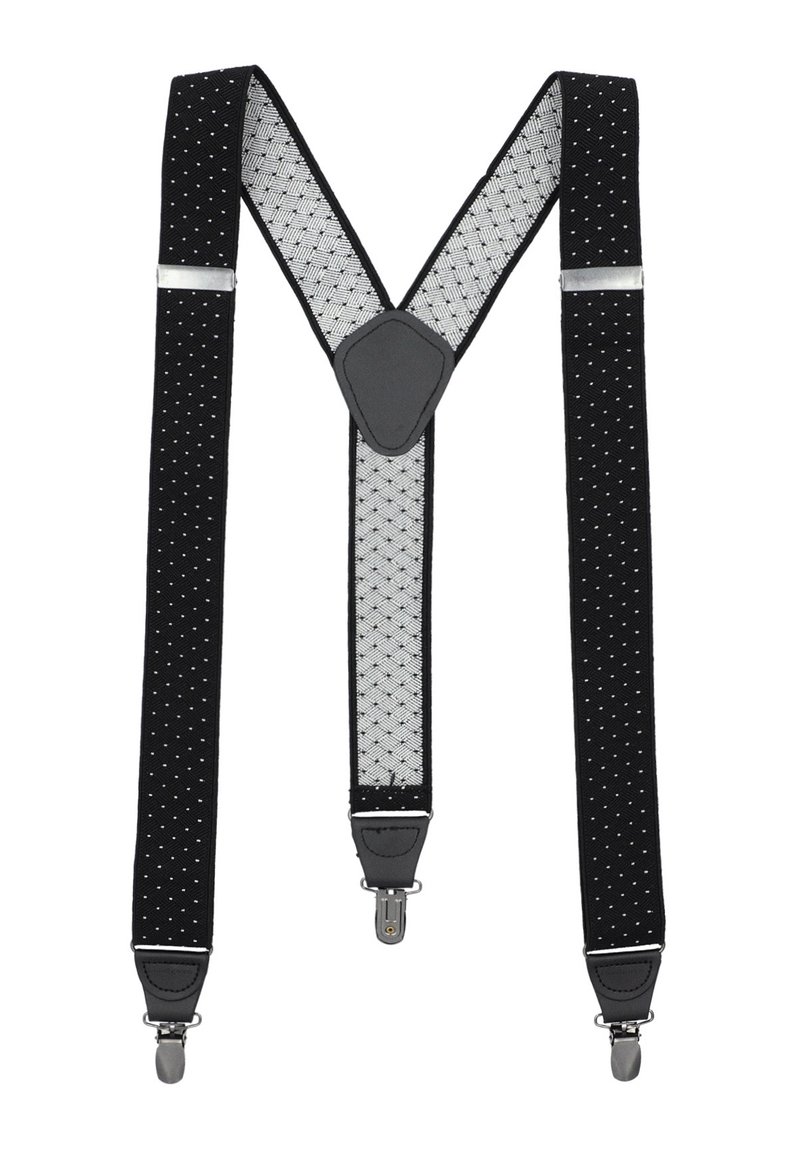 Czarne elastyczne szelki z teksturowanym wzorem i srebrnymi akcentami, wyposażone w klipsy oraz centralne, Y-kształtne zapięcie z imitacji skóry.