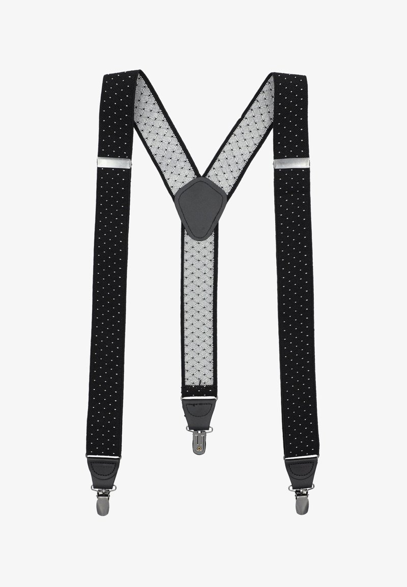 Czarne elastyczne szelki z teksturowanym wzorem i srebrnymi akcentami, wyposażone w klipsy oraz centralne, Y-kształtne zapięcie z imitacji skóry.