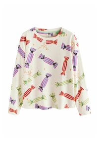 Ribbede langærmede top i creme med farverig slikgrafik; har rund halsudskæring og afslappet pasform, der fanger et legende desserttema.