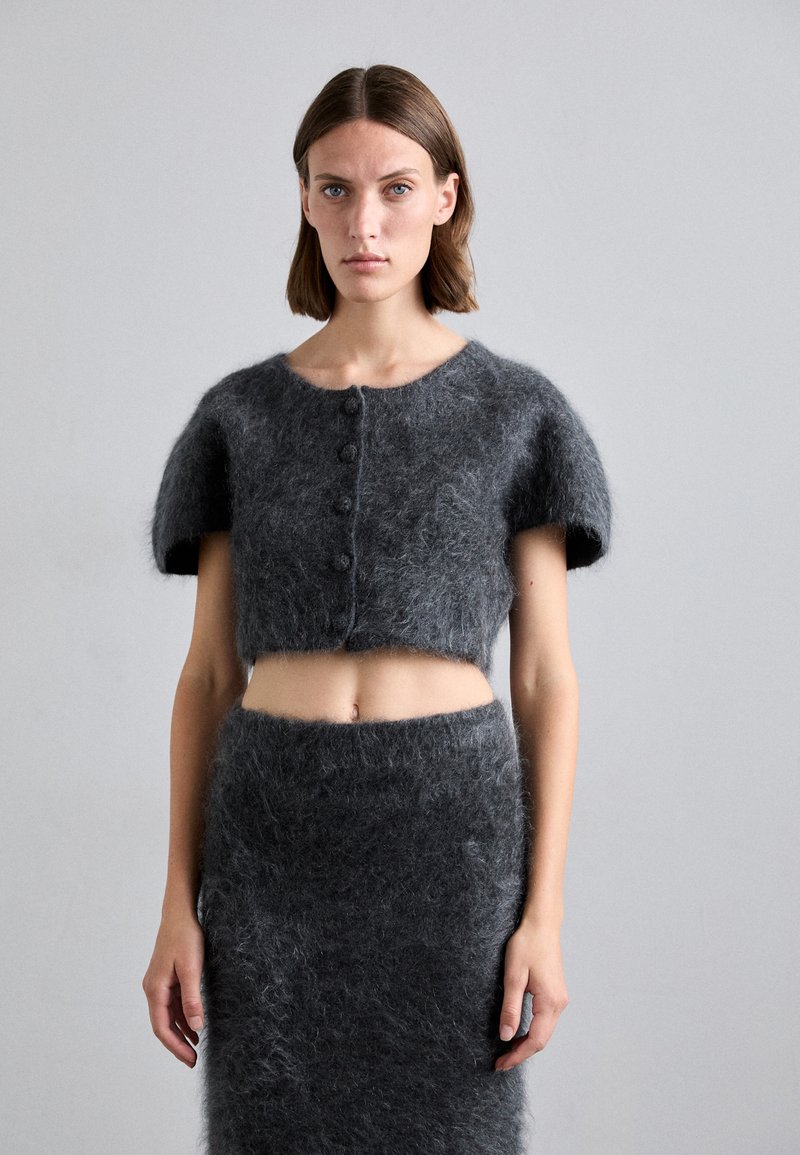 Crop top corto a maniche corte in mohair grigio con scollatura rotonda e chiusura a cinque bottoni, abbinato a una gonna midi grigia con texture coordinata.