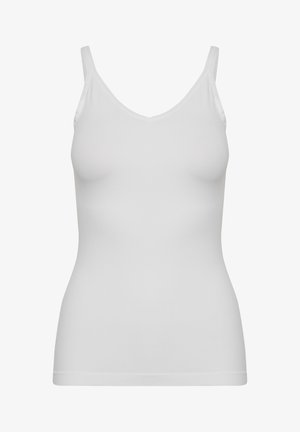 Hvid tanktop lavet af glat, strækbart stof. Har en V-halsudskæring og tynde stropper, designet til en tætsiddende silhuet.