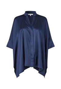 Navy Satin-Kimono-Oberteil, lockere Passform mit kurzen Ärmeln und Schalkragen. Mit einer Knopfleiste und fließendem Fall, glatte Textur.