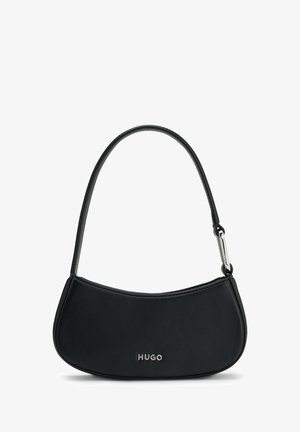 Black leather handbag with a curved shape, a single strap, and a silver brand logo. Smooth texture and sleek design.