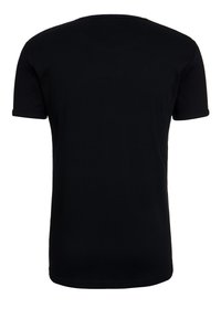 Black short-sleeved T-shirt with a round neckline, made of smooth cotton fabric; back view shows a simple, unadorned design.