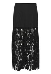 Black skirt featuring a solid top section and a lower layer of intricate lace with floral patterns. Texture is smooth and detailed.