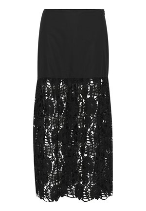 Fekete szoknya, amelynek felső része egyszínű, alsó rétege pedig finom csipkéből készült, virágmintákkal díszítve. A textúra sima és aprólékos.