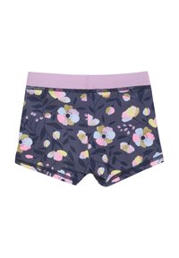 J girls simbyxor med ett blommönster i rosa, gult och vitt på en mörkblå bakgrund. Har en ljusrosa elastisk midjeband.