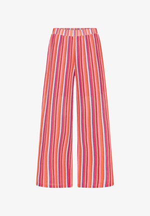 Pantalones de pierna ancha con rayas verticales en rojo, naranja, rosa, púrpura y blanco, con una cinturilla elástica.