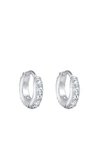 Srebrne obročaste uhane z vrsto prozornih kristalčkov ob eni strani, gladke polirane površine in zaobljene oblike.