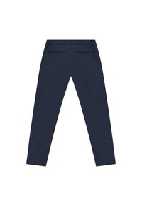 Marineblauwe tapered broeken met een elastische tailleband, riemlussen en twee achterzakken op een witte achtergrond.