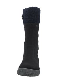 Schwarze Wildleder-Stiefel bis zum Knie mit einem strukturierten marineblauen Fleecefutter und einer Gummisohle mit einem gemusterten Griff für besseren Halt. Seitlicher Reißverschluss.