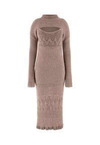 Langes mauve-farbenes Strickkleid mit langen Ärmeln, gerippter Textur, gemusterten Strickdetails und einem weiten Ausschnitt über der oberen Brust und den Schultern.