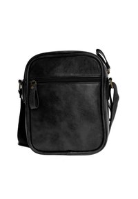 Bolso cruzado de cuero negro con un bolsillo frontal con cremallera, textura suave, forma rectangular y correa ajustable.