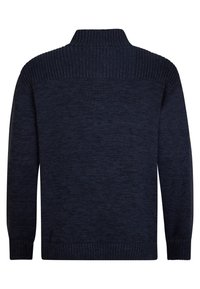 Marinblå stickad tröja med hög krage, ribbat detaljer vid kragen och ärmsluten, samt en texturerad, melerad tygfinish.