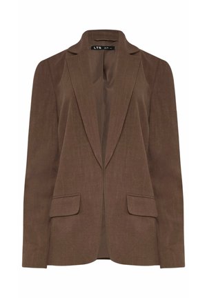 Bruine enkelrijige blazer met inkeping revers, twee voorzakken met klep en een gladde binnenvoering, damesmaat label zichtbaar aan de binnenkraag.