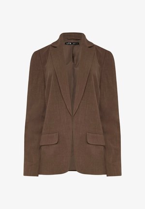 Bruine enkelrijige blazer met inkeping revers, twee voorzakken met klep en een gladde binnenvoering, damesmaat label zichtbaar aan de binnenkraag.