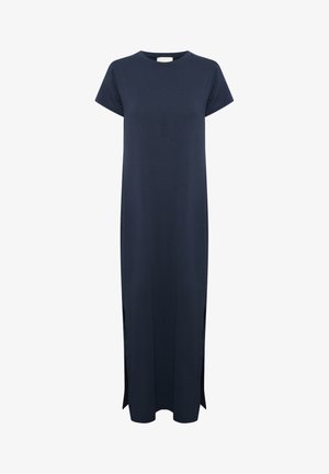 Temno modra maksi obleka iz mehkega materiala s kratkimi rokavi, okroglim izrezom in bočnimi razporki za lažje gibanje. Preprosta, ravna silhueta.